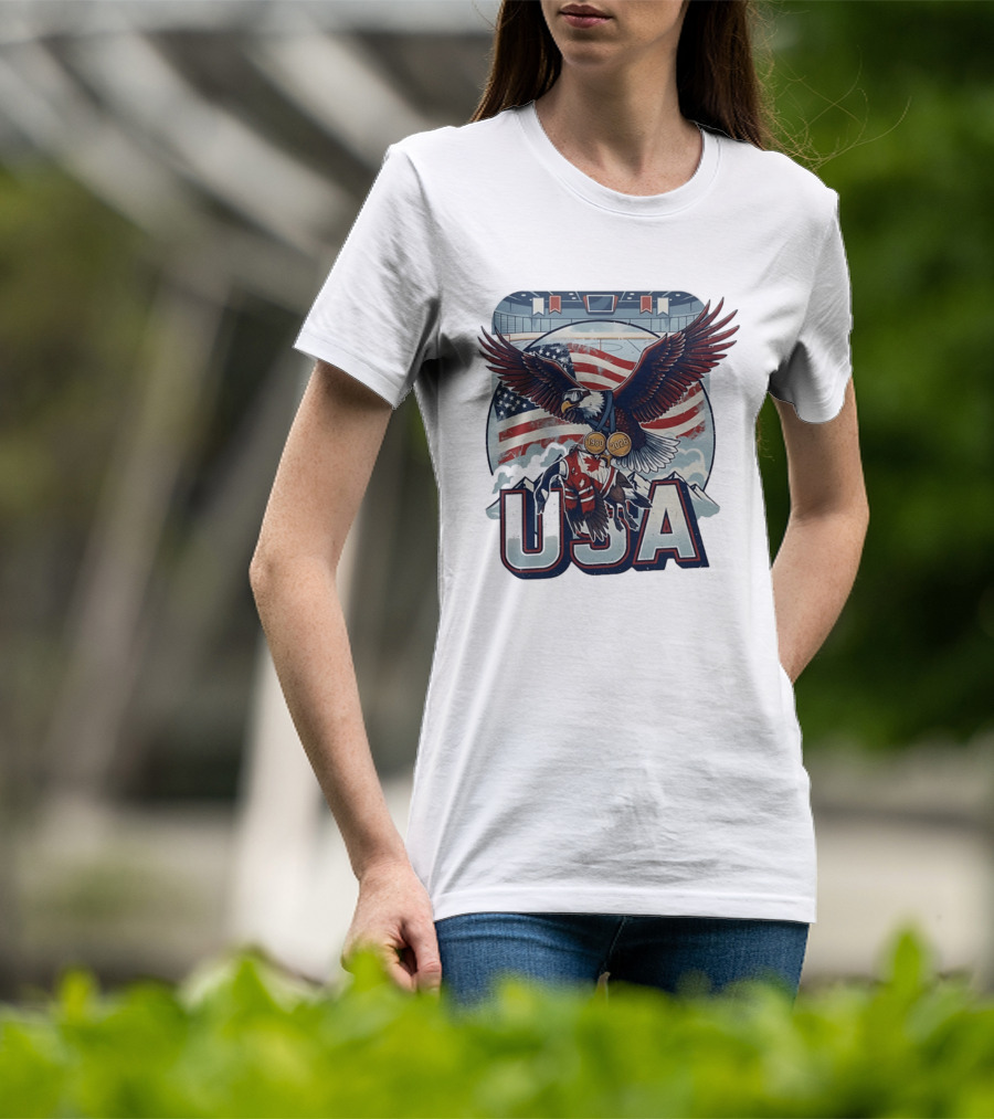 USA Hockey Eagle 1980 2026 American Flag Ice Rink T-Shirt