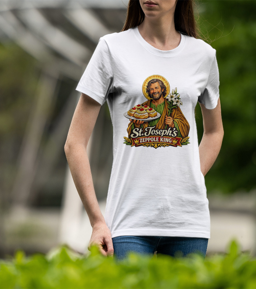 St Joseph's Zeppole King Saint Holding Tray With Flowers T-Shirt