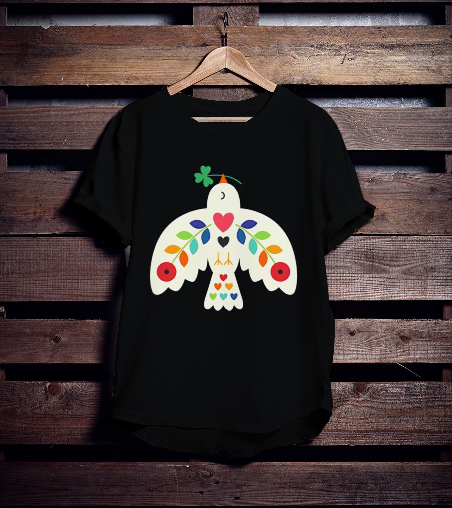 Luck Peace Love Dove With Shamrock And Colorful Hearts T-Shirt
