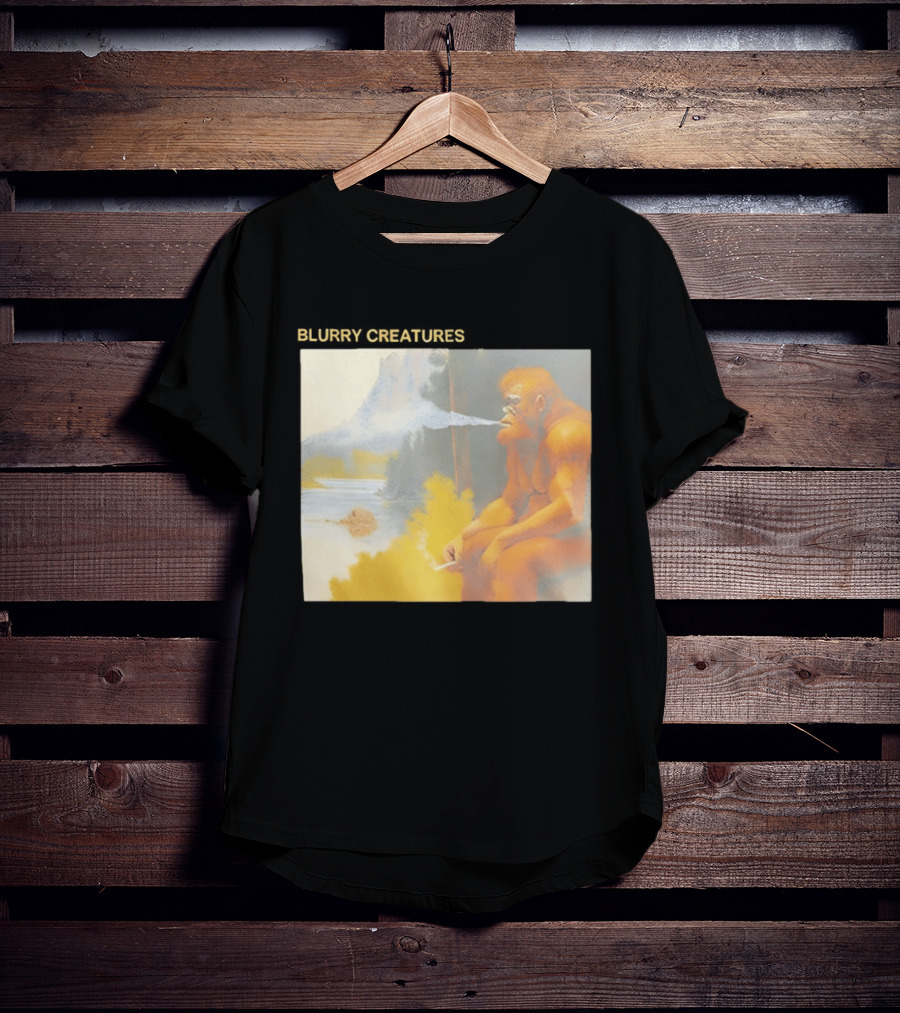 Bigfoot Blurry Creatures Smoking By Lake Mountain Scene T-Shirt