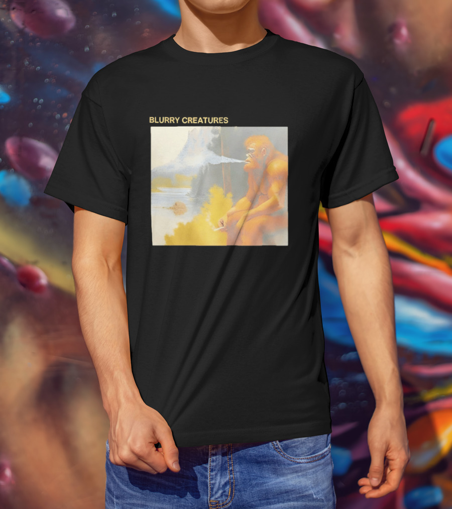 Bigfoot Blurry Creatures Smoking By Lake Mountain Scene T-Shirt