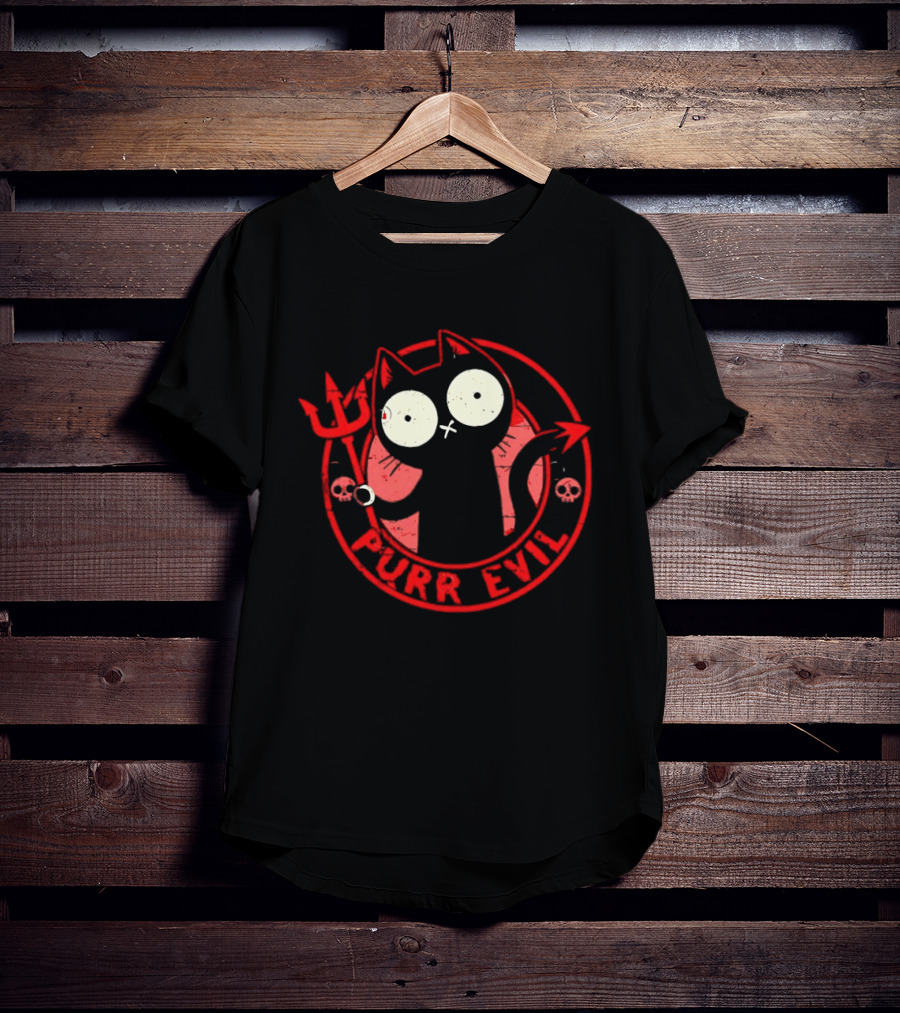 Purr Evil Cat With Trident And Skulls T-Shirt