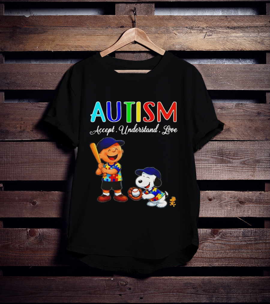 Charlie Brown Snoopy Peanuts Autism Accept Understand Love Baseball Puzzle T-Shirt