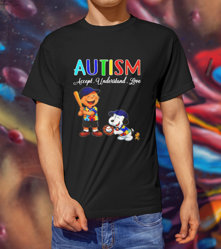Charlie Brown Snoopy Peanuts Autism Accept Understand Love Baseball Puzzle T-Shirt
