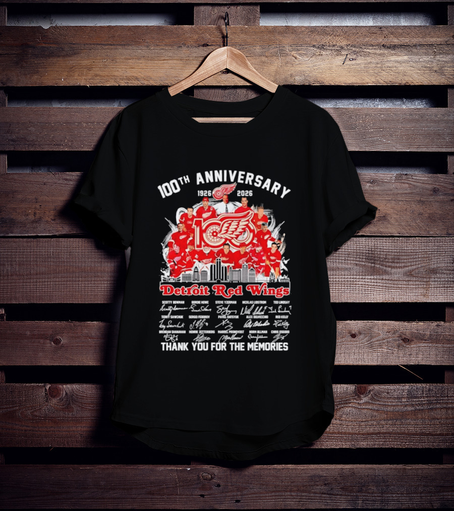 Detroit Red Wings 100th Anniversary 1926 2026 Thank You For The Memories Player Skyline T-Shirt