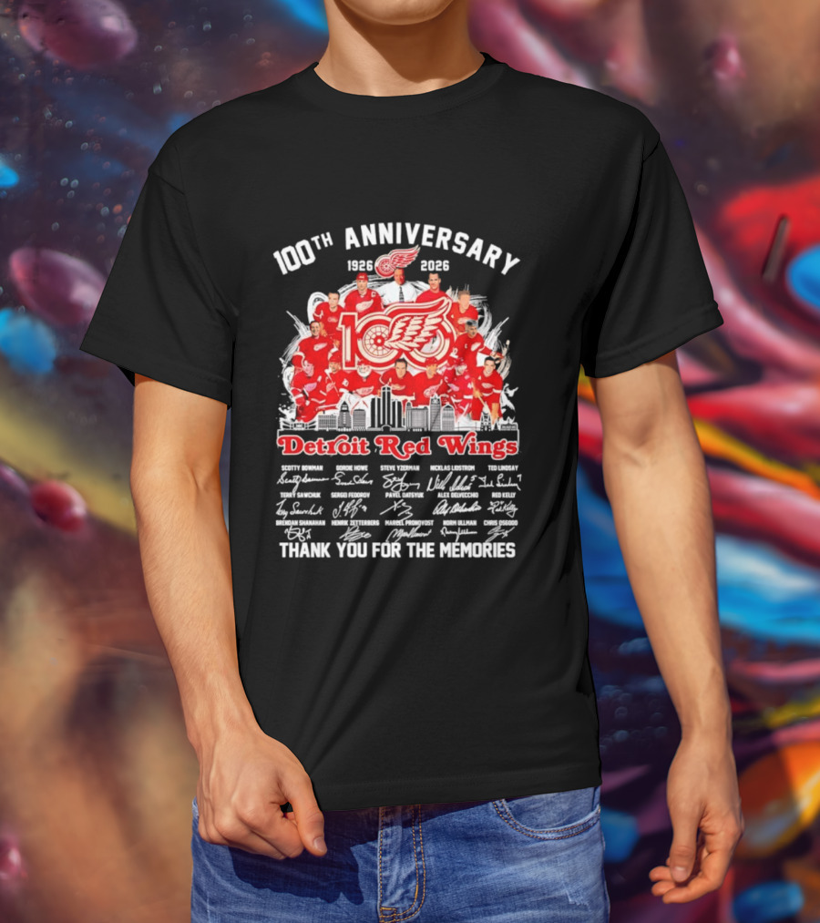 Detroit Red Wings 100th Anniversary 1926 2026 Thank You For The Memories Player Skyline T-Shirt