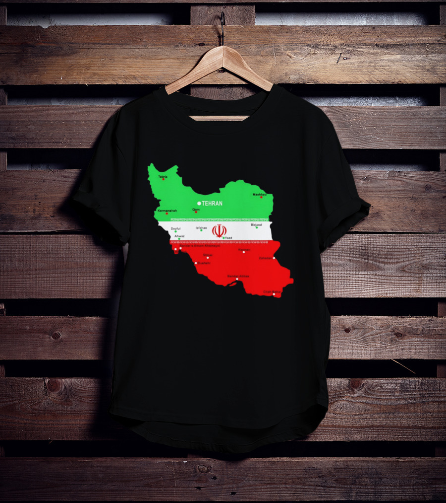 Iran Map With Flag Tehran Tabriz Mashhad Esfahan Shiraz Yazd Cities T-Shirt