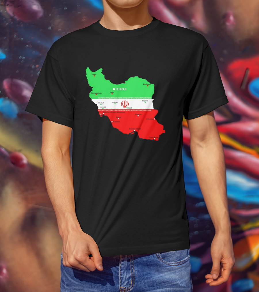 Iran Map With Flag Tehran Tabriz Mashhad Esfahan Shiraz Yazd Cities T-Shirt