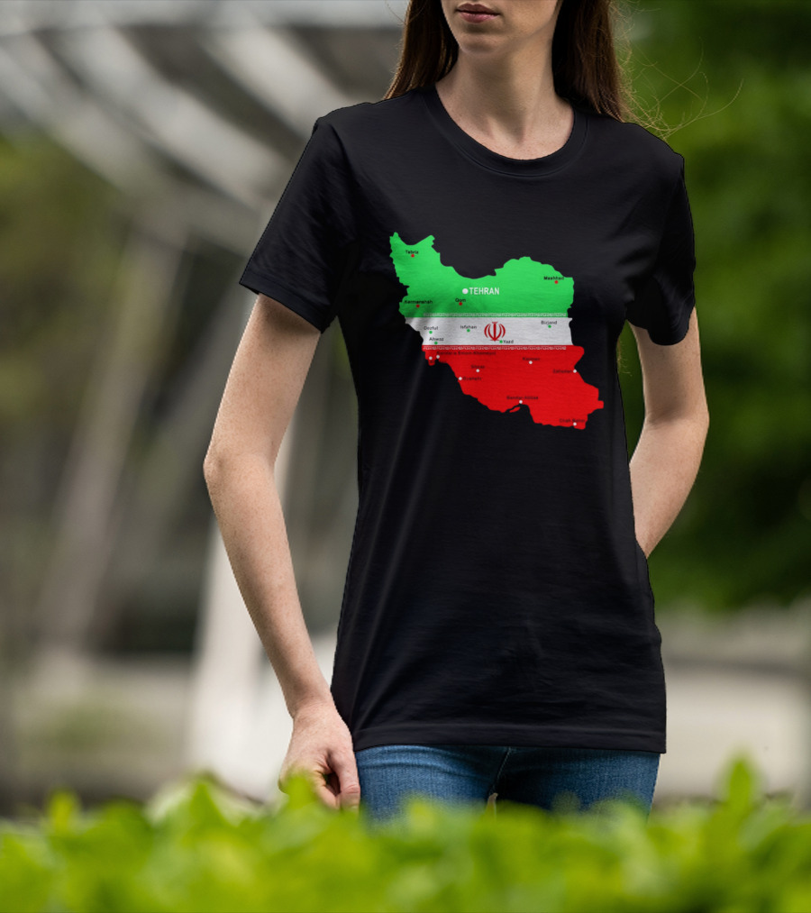 Iran Map With Flag Tehran Tabriz Mashhad Esfahan Shiraz Yazd Cities T-Shirt