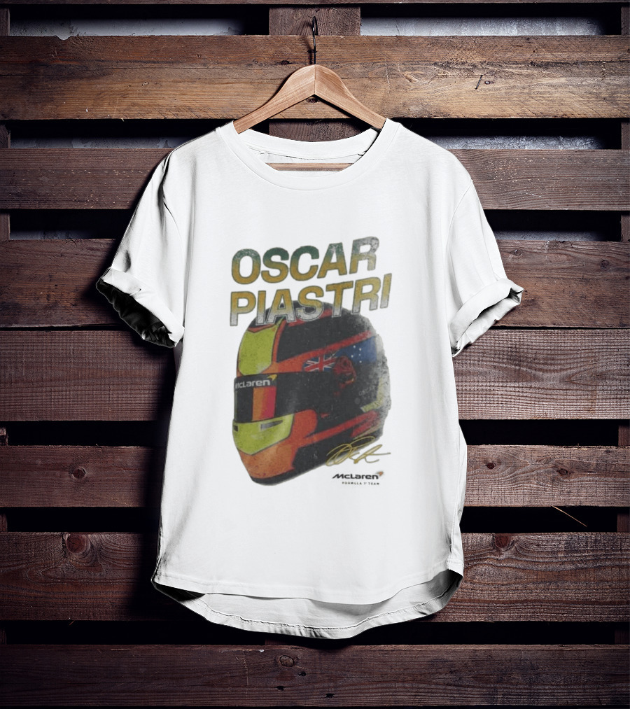 Oscar Piastri McLaren Racing Helmet Flag Signature T-Shirt