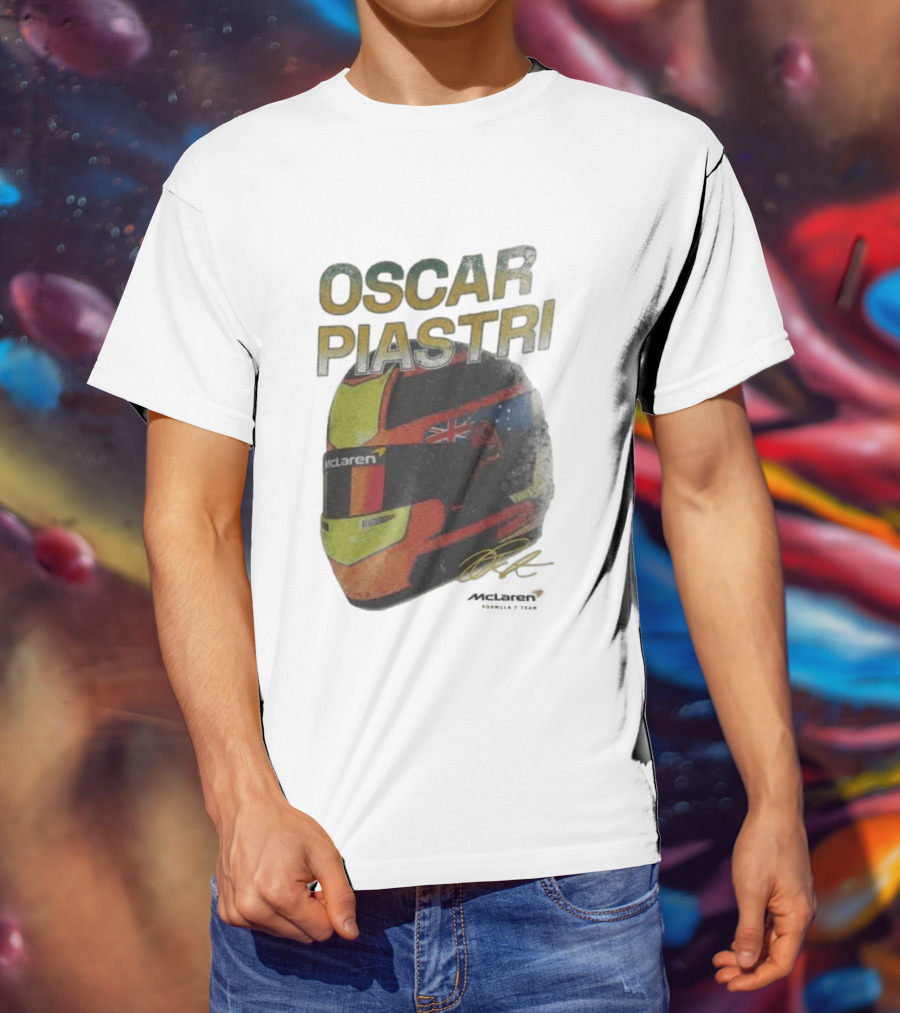 Oscar Piastri McLaren Racing Helmet Flag Signature T-Shirt