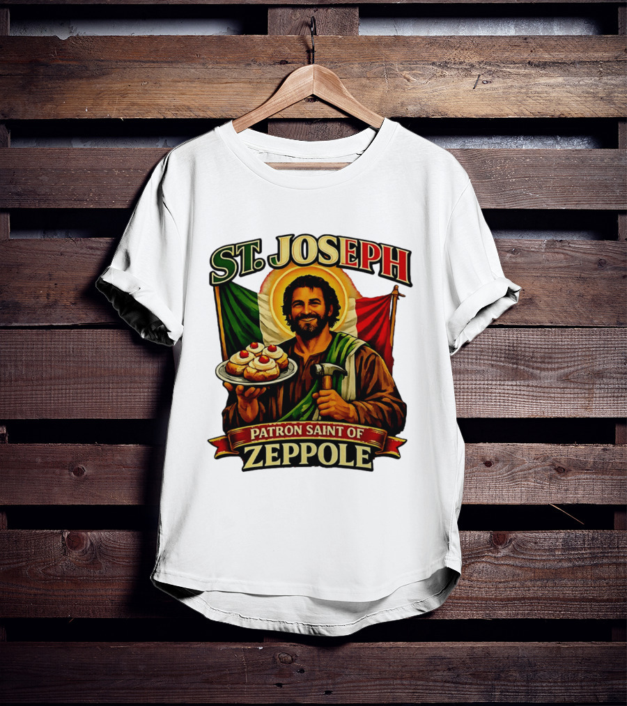 St. Joseph Patron Saint Of Zeppole With Italian Flag Icon And Halo Providing Hammer And Pastries T-Shirt