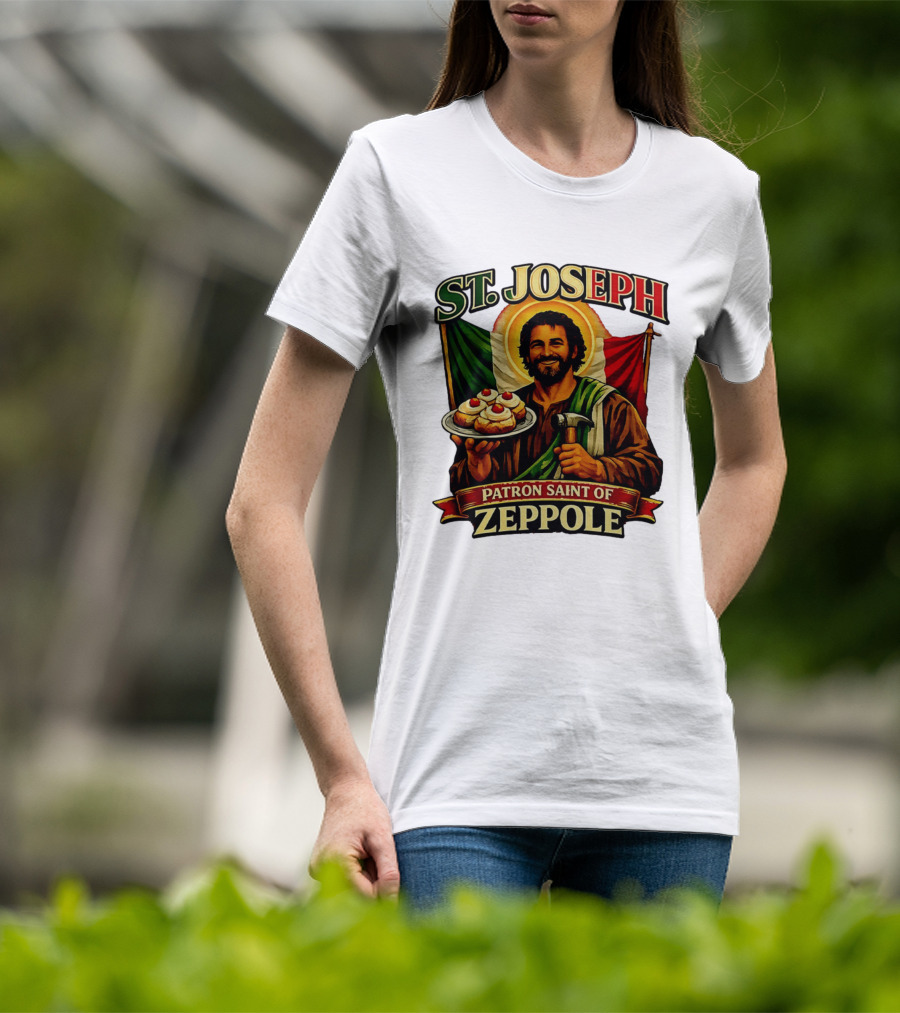 St. Joseph Patron Saint Of Zeppole With Italian Flag Icon And Halo Providing Hammer And Pastries T-Shirt