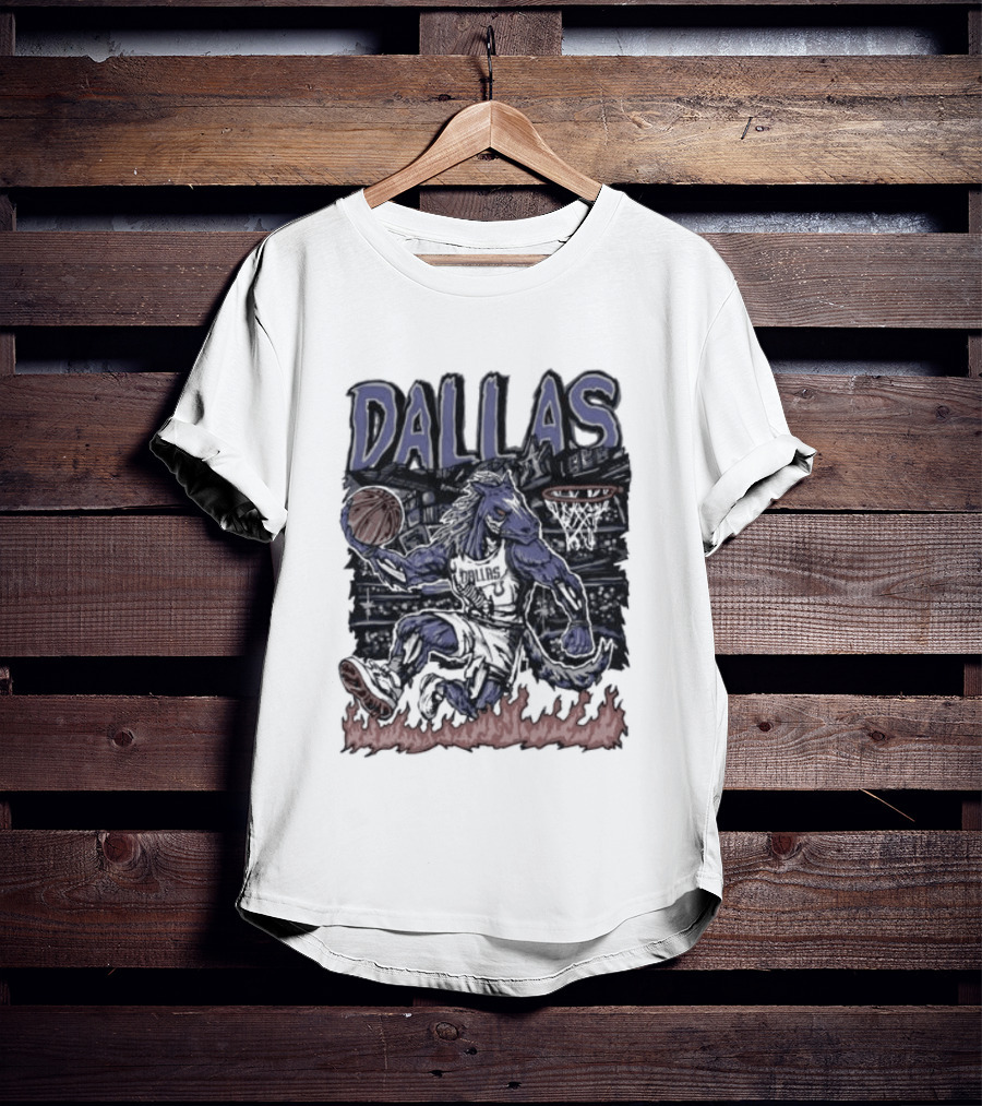 Dallas Mavericks Champ Cartoon Basketball Player Fire Hoops T-Shirt