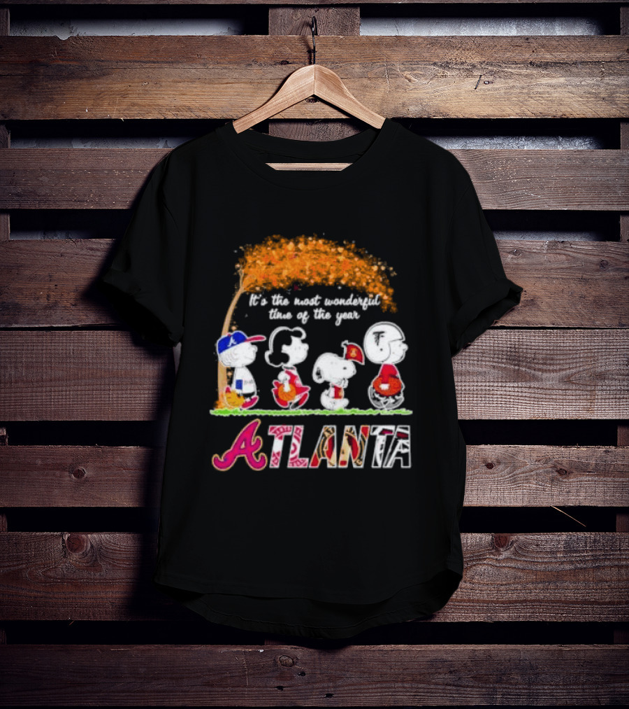 Atlanta Peanuts Characters Autumn Baseball It's The Most Wonderful Time Of The Year T-Shirt