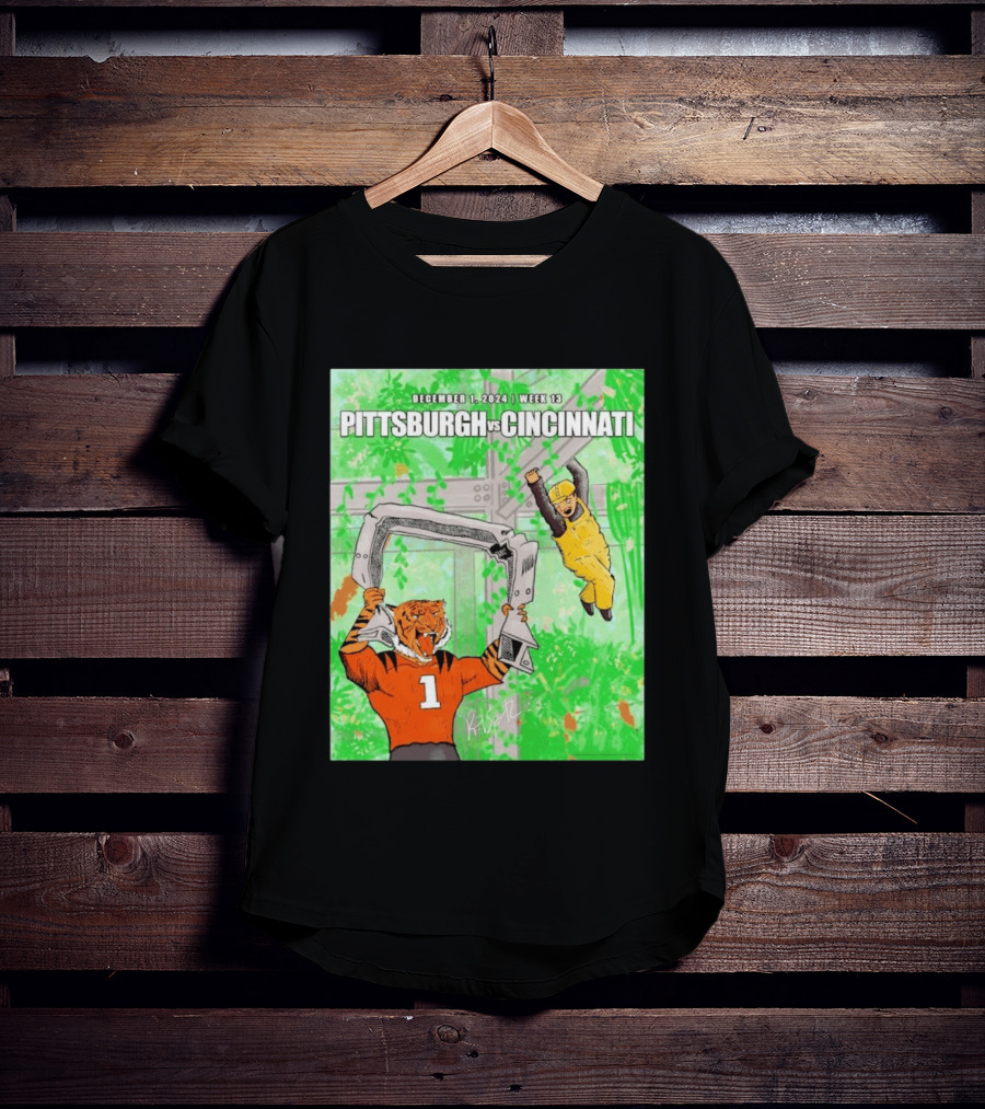 Pittsburgh Steelers Vs Cincinnati Bengals December 1 2024 Week 13 Cartoon Tiger And Construction Worker Jungle Showdown T-Shirt