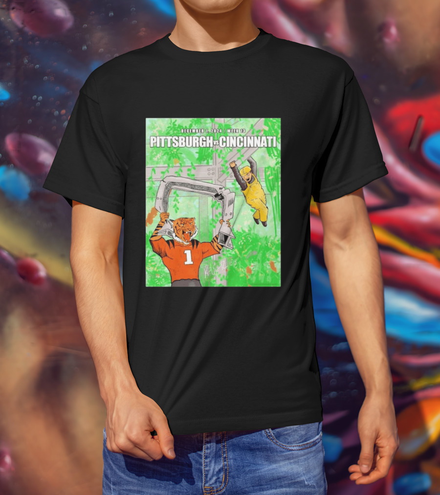 Pittsburgh Steelers Vs Cincinnati Bengals December 1 2024 Week 13 Cartoon Tiger And Construction Worker Jungle Showdown T-Shirt