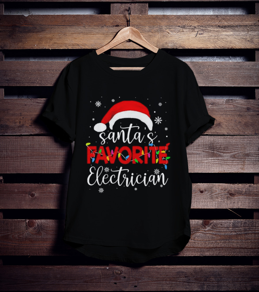 Santa's Favorite Electrician Christmas Santa Hat Lights Snowflakes T-Shirt