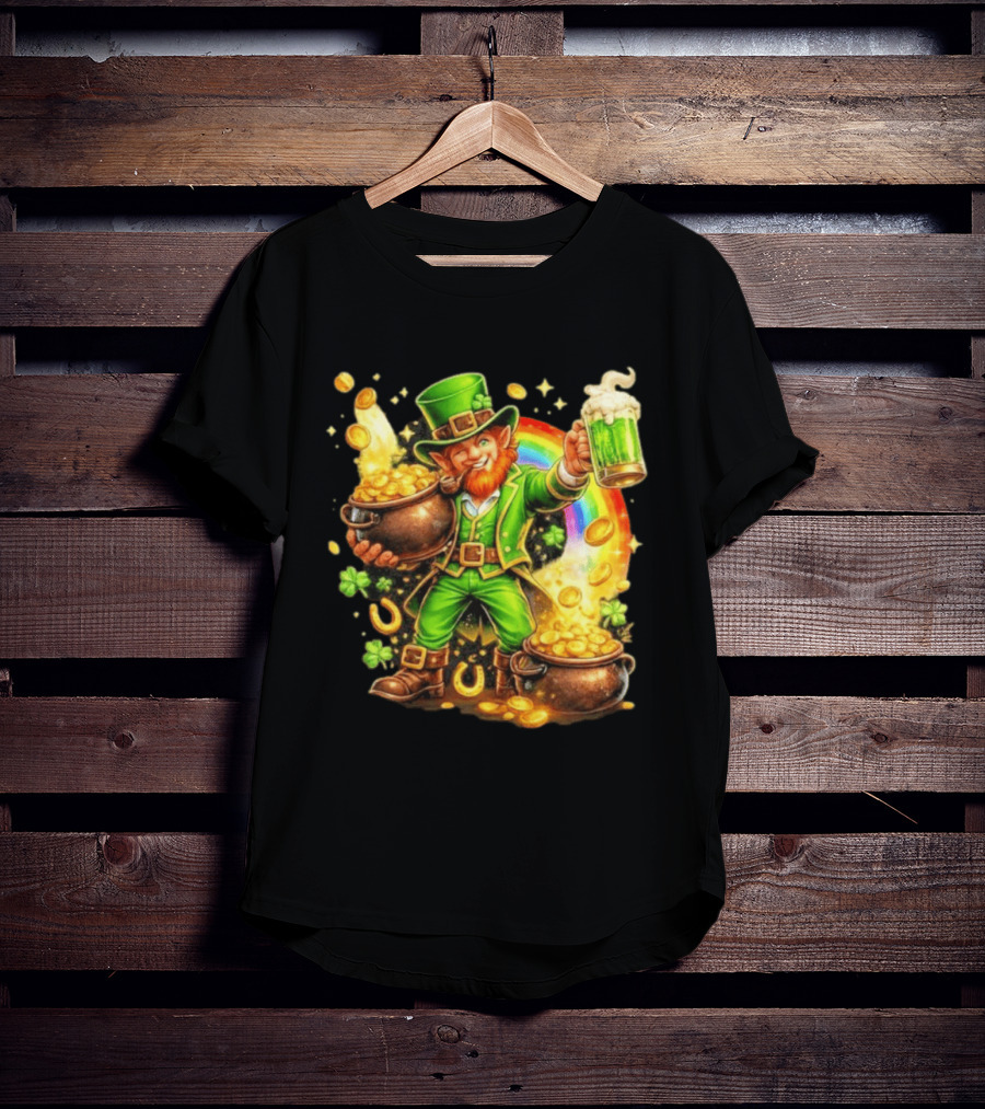 St Patricks Day Irish Leprechaun Cheers With Pot Of Gold And Rainbow Luck T-Shirt