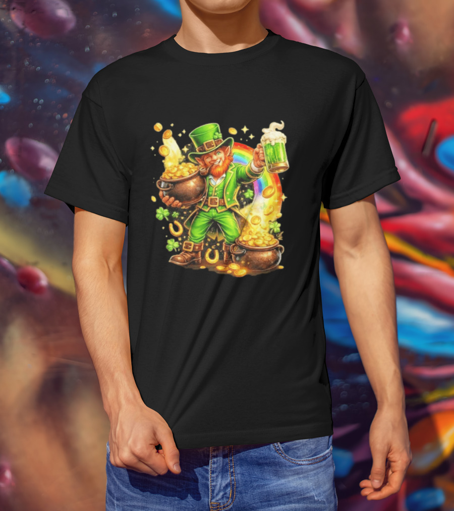 St Patricks Day Irish Leprechaun Cheers With Pot Of Gold And Rainbow Luck T-Shirt