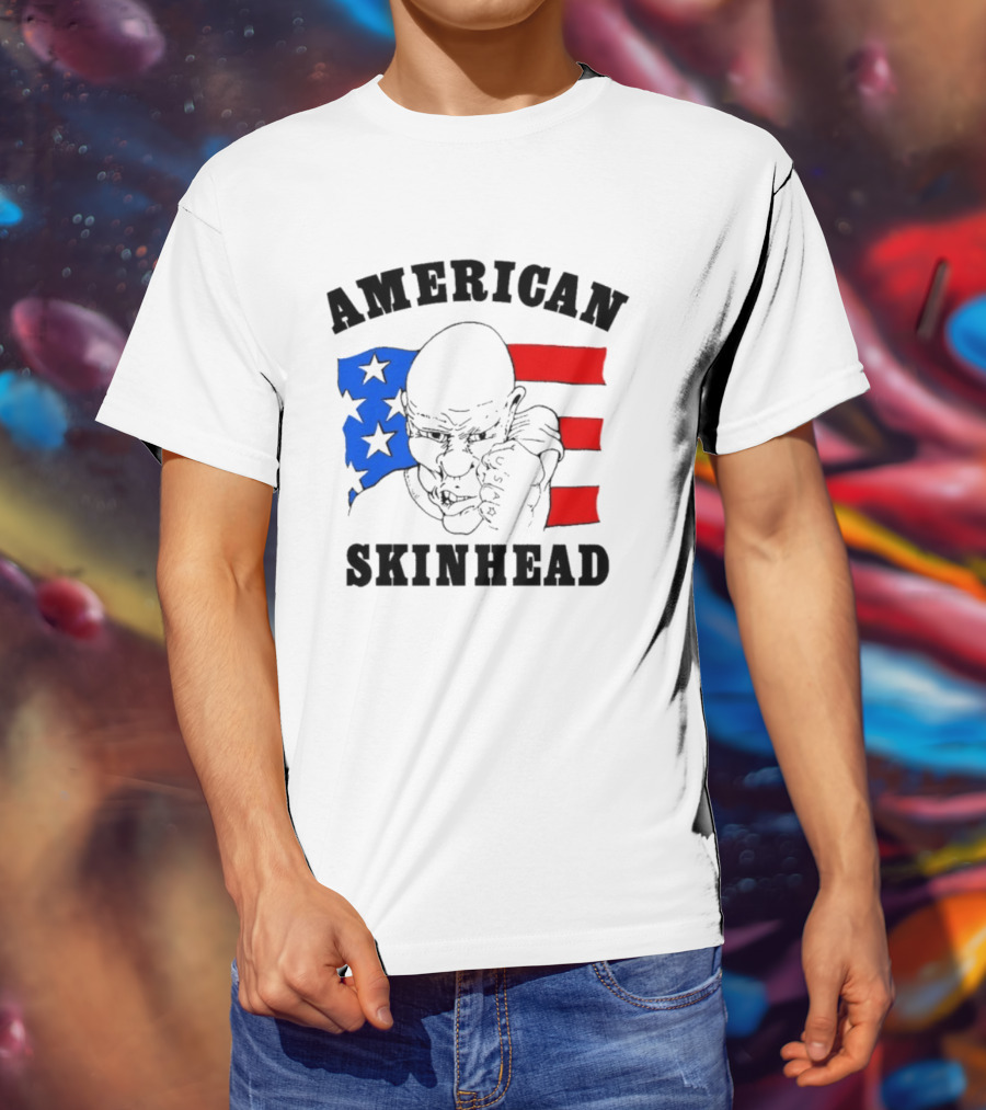 American Skinhead USA Bald Character With Flag Stars And Stripes T-Shirt