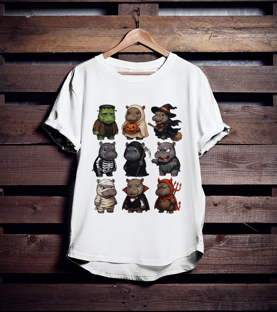 Baby Hippo Frankenstein Ghost Witch Skeleton Grim Reaper Zombie Mummy Dracula Devil Halloween 2025 T-Shirt