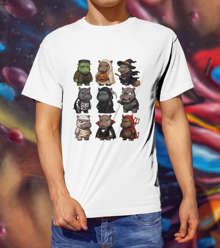 Baby Hippo Frankenstein Ghost Witch Skeleton Grim Reaper Zombie Mummy Dracula Devil Halloween 2025 T-Shirt