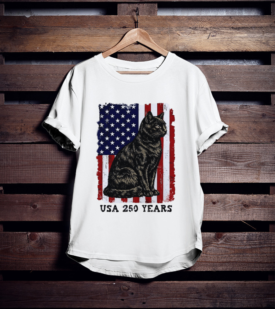 USA 250 Years Liberty Cat American Flag T-Shirt