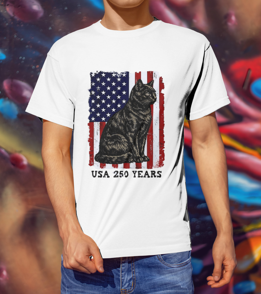 USA 250 Years Liberty Cat American Flag T-Shirt