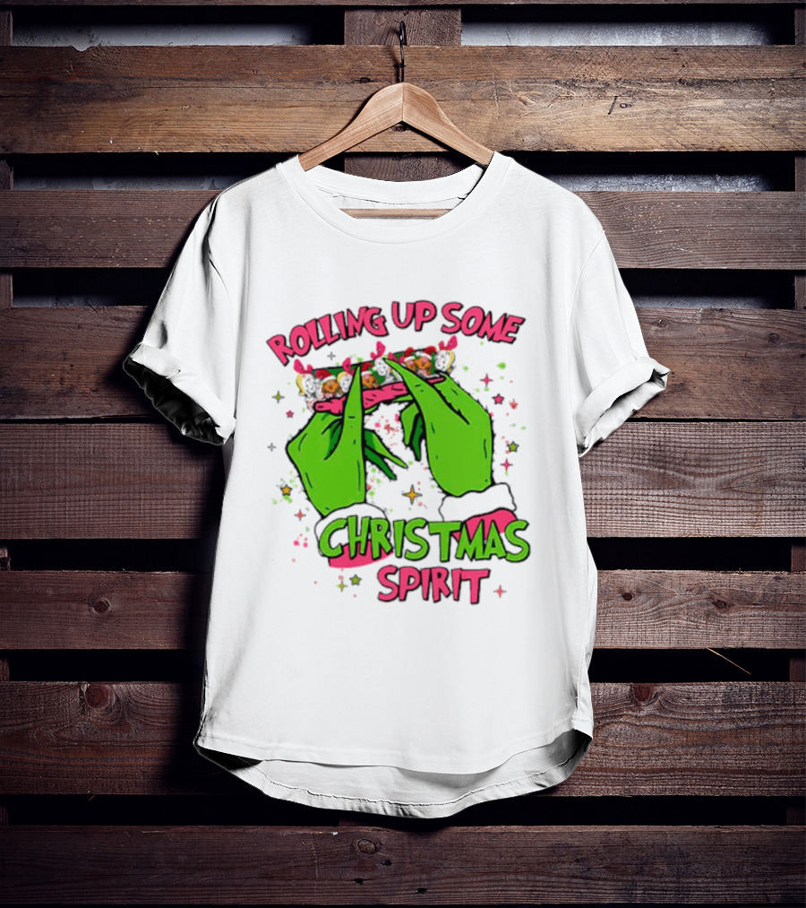Grinch Rolling Up Some Christmas Spirit With Green Hands And Glitter Stars T-Shirt