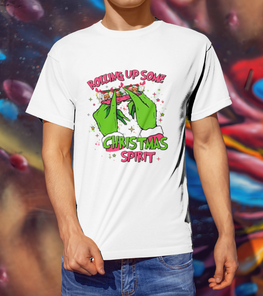 Grinch Rolling Up Some Christmas Spirit With Green Hands And Glitter Stars T-Shirt