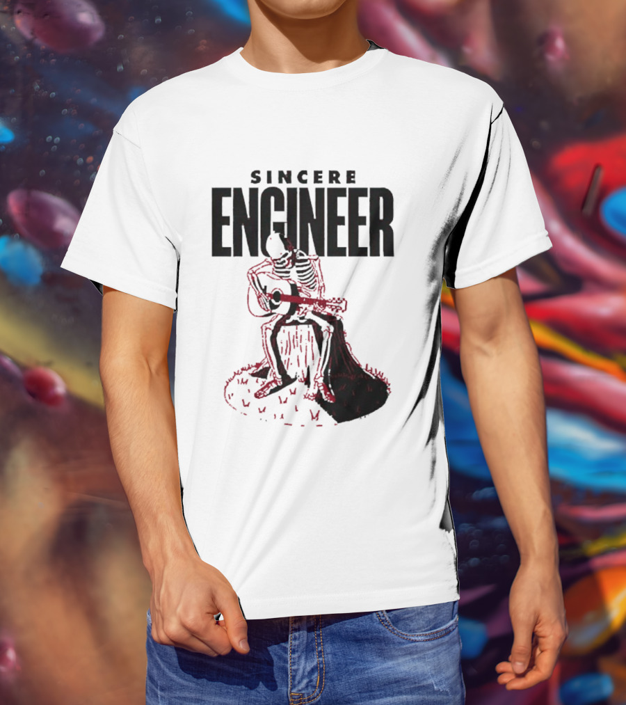 Sincere Engineer Skeleton Playing Guitar On Tree Stump T-Shirt