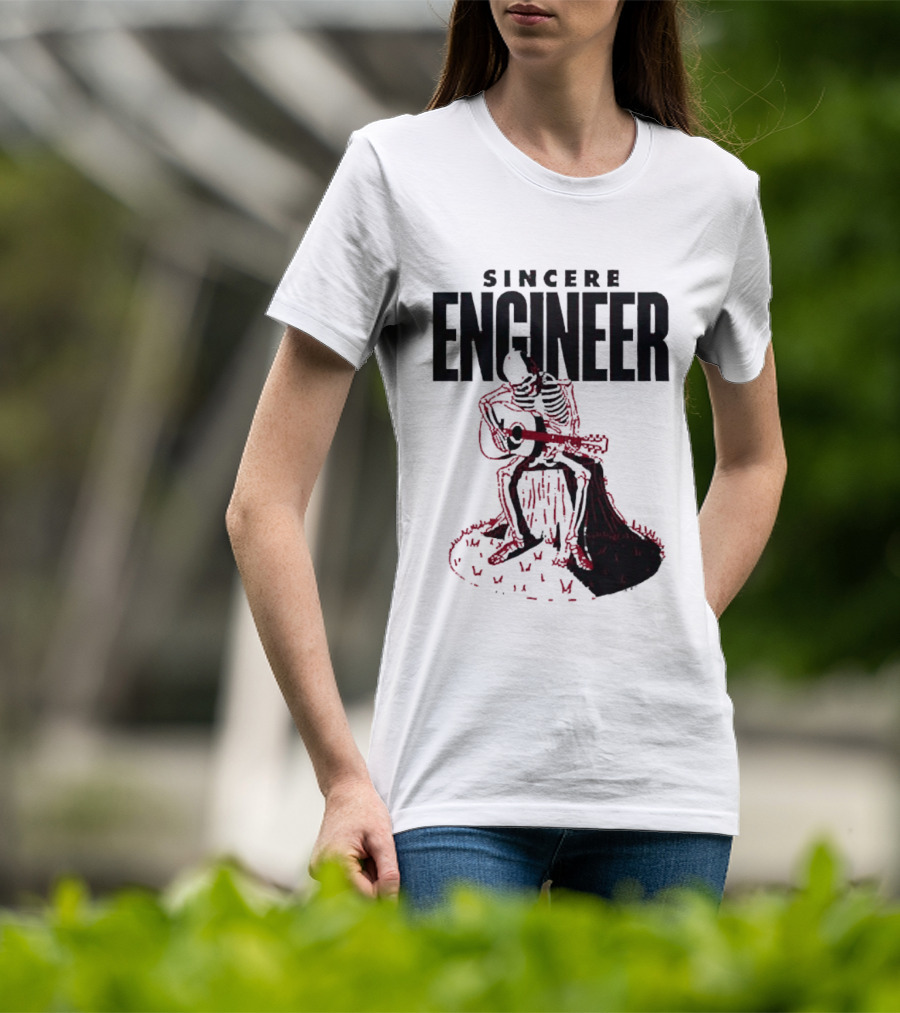 Sincere Engineer Skeleton Playing Guitar On Tree Stump T-Shirt