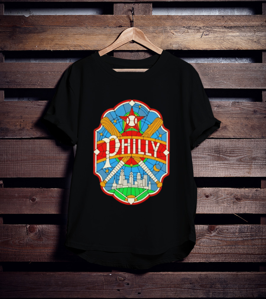 Philadelphia Phillies Stained Glass Philly Skyline Baseball Star Bats T-Shirt