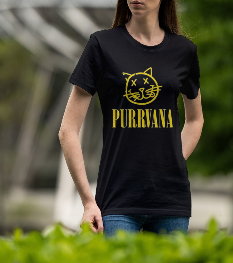 Purrvana Cat Face Yellow Grunge Style Kitty T-Shirt
