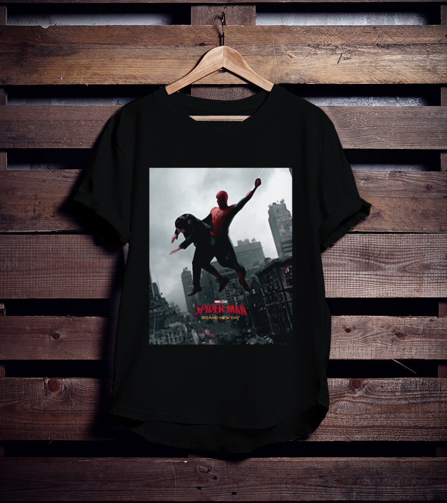 Spider Man Brand New Day Marvel Comic Scene Flying Over City Skyline T-Shirt