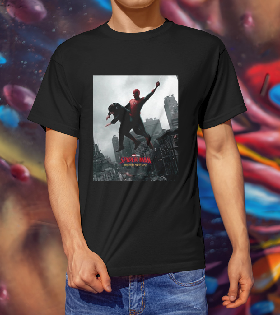 Spider Man Brand New Day Marvel Comic Scene Flying Over City Skyline T-Shirt