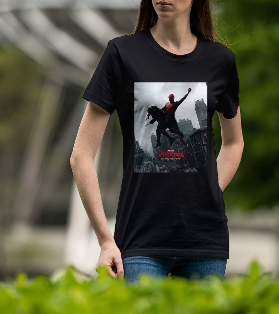 Spider Man Brand New Day Marvel Comic Scene Flying Over City Skyline T-Shirt
