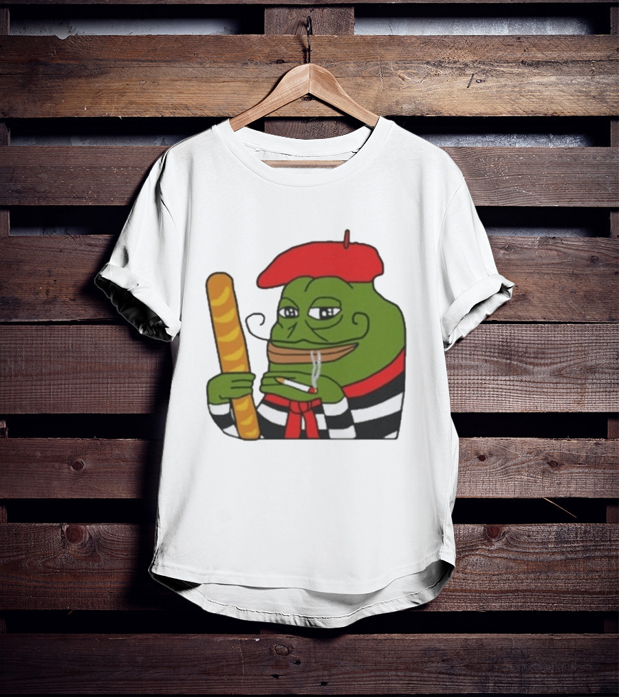 S French Pepe With Baguette And Cigarette Beret Comedy Meme T-Shirt