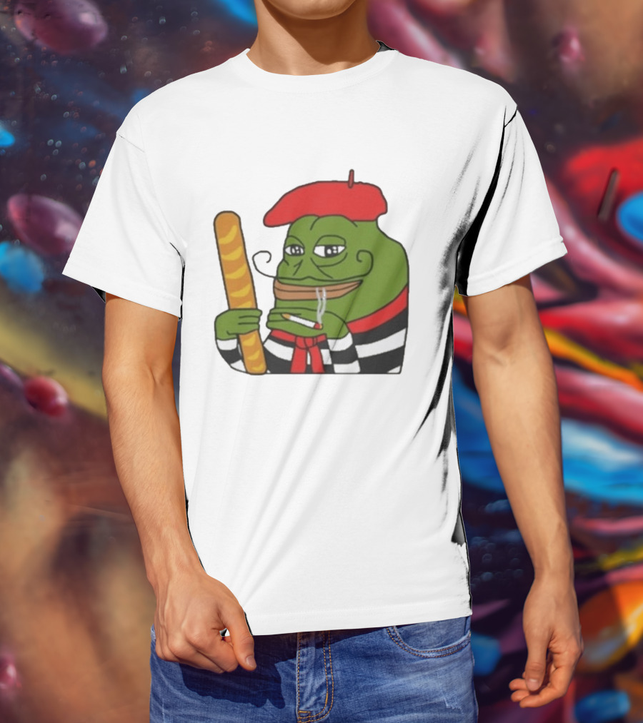 S French Pepe With Baguette And Cigarette Beret Comedy Meme T-Shirt