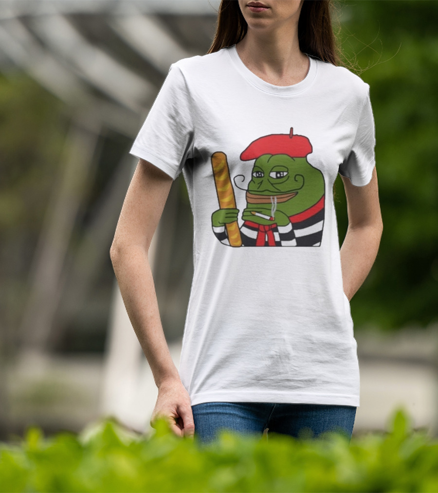 S French Pepe With Baguette And Cigarette Beret Comedy Meme T-Shirt