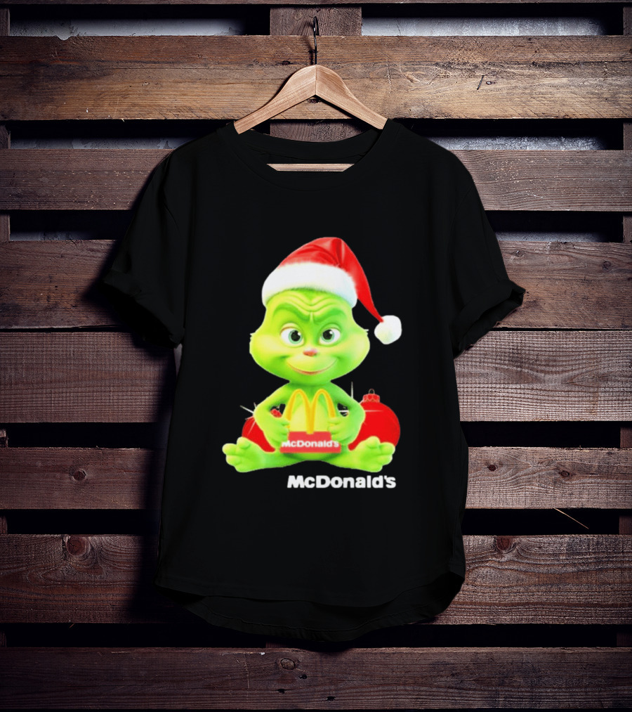 Santa Baby Grinch McDonald's Holding Happy Meal With Santa Hat And Gift Bags T-Shirt