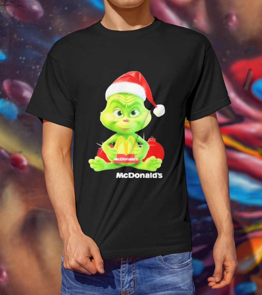 Santa Baby Grinch McDonald's Holding Happy Meal With Santa Hat And Gift Bags T-Shirt