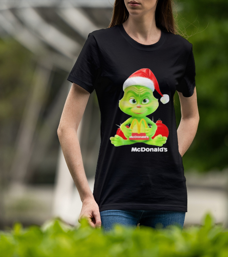 Santa Baby Grinch McDonald's Holding Happy Meal With Santa Hat And Gift Bags T-Shirt