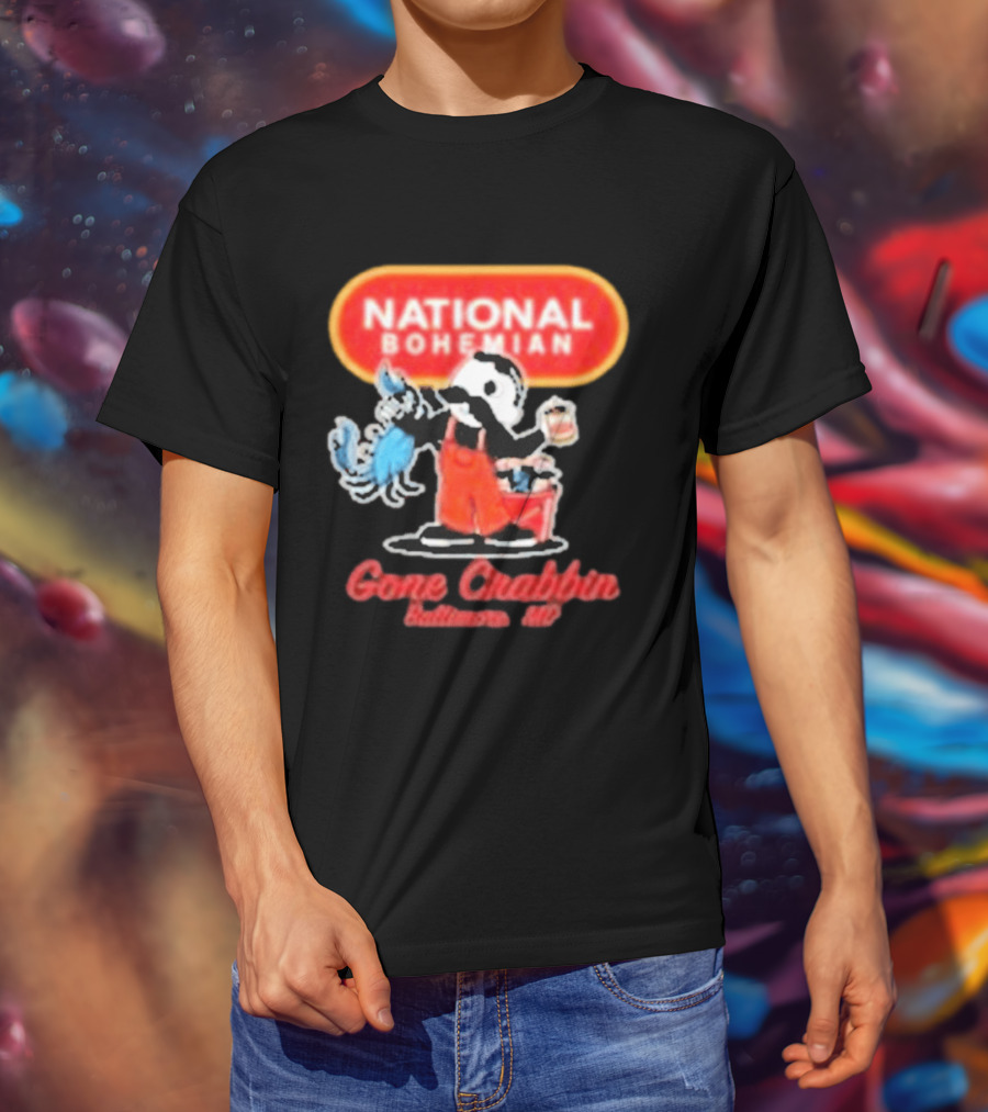 National Bohemian Beer Gone Crabbin' Baltimore MD Mr. Boh With Crab And Beer T-Shirt