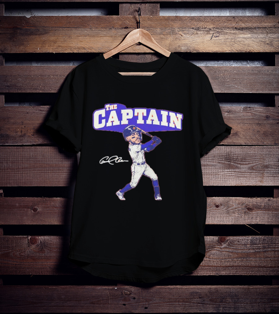The Captain Carlos Correa Caricature Baseball Player Swinging Bat With Signature T-Shirt