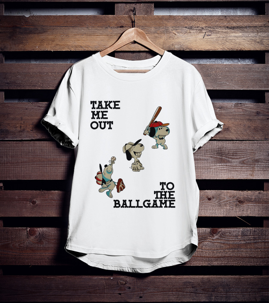 Snoopy Take Me Out To The Ballgame Baseball Red Cap Batting And Catching T-Shirt