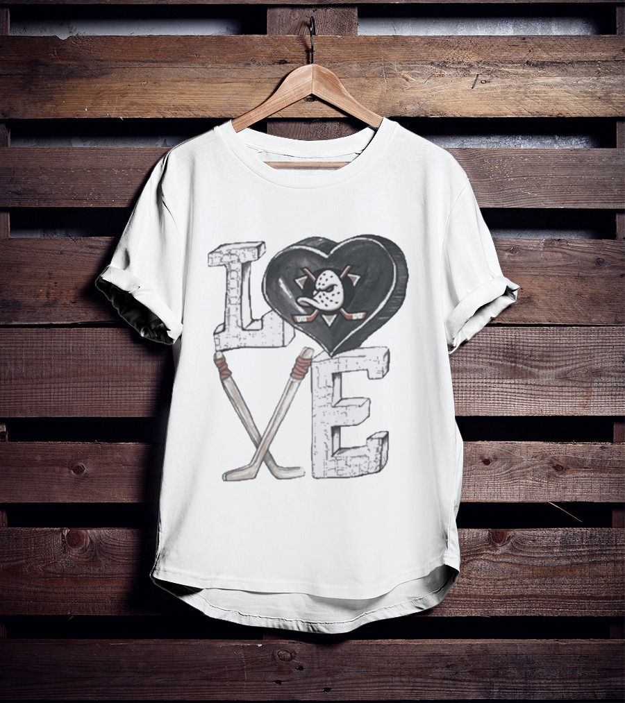 Anaheim Ducks Puck Heart Love Hockey Sticks T-Shirt
