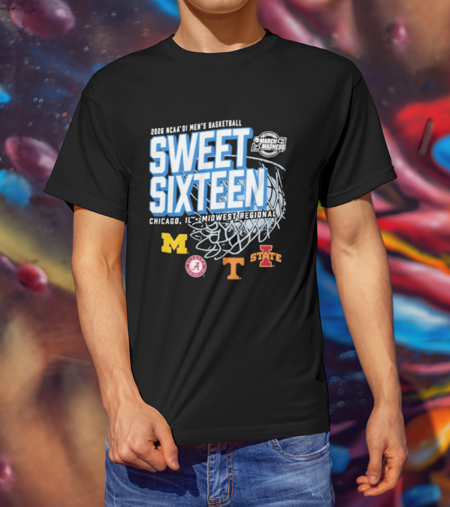 2026 NCAA DI Men's Basketball Sweet Sixteen Chicago IL Midwest Regional Michigan Alabama Tennessee Iowa State T-Shirt
