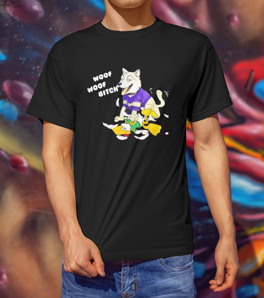 Washington Huskies Woof Woof Bitch Cartoon Mascot Scene T-Shirt